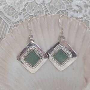 Carol Felley Sterling Silver Aventurine Drop Earrings Vintage